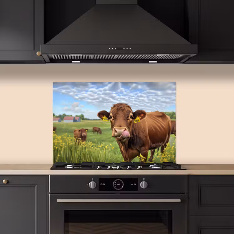 Koe - Weide - Bloemen keuken achterwand spatscherm klein -sfeer1