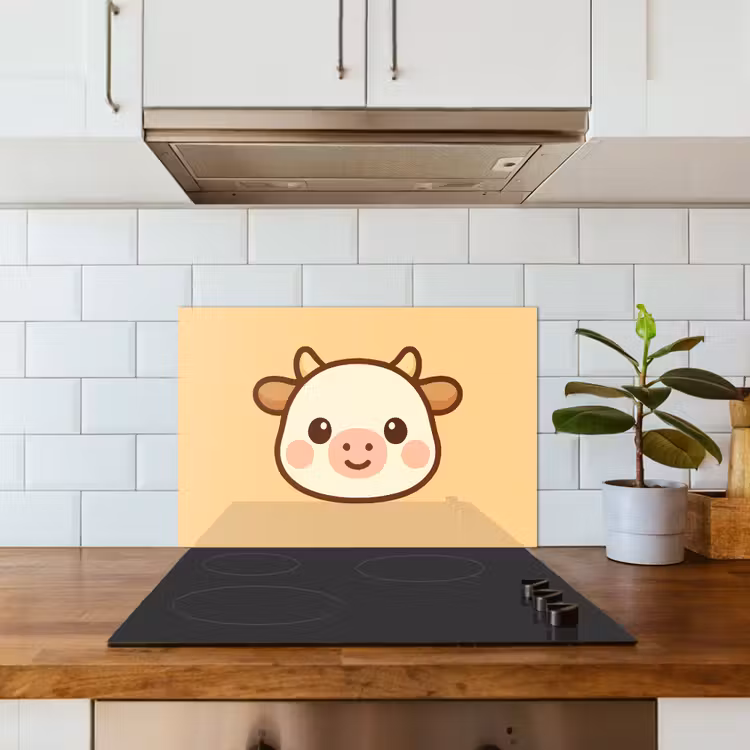 Koe - Oranje - Cartoon keuken achterwand spatscherm klein -sfeer2