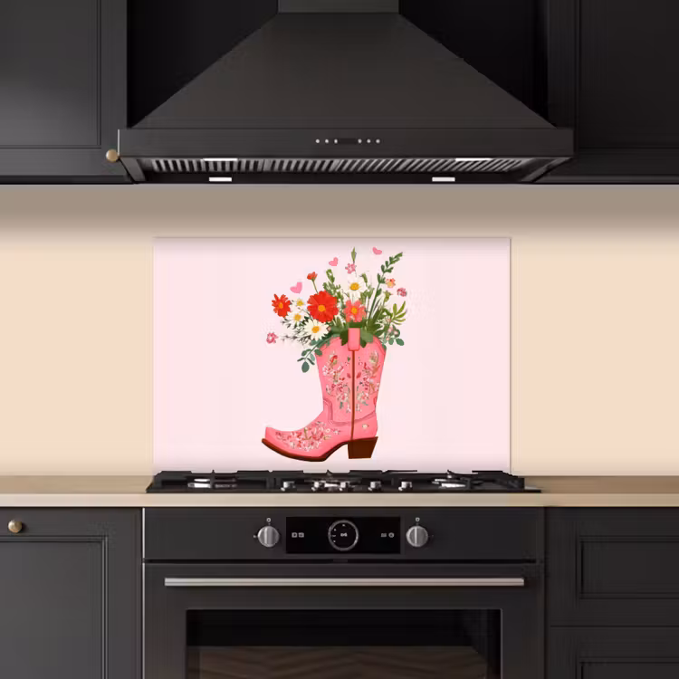 Cowboylaarzen - Roze - Boeket - Bloemen keuken achterwand spatscherm klein -sfeer1