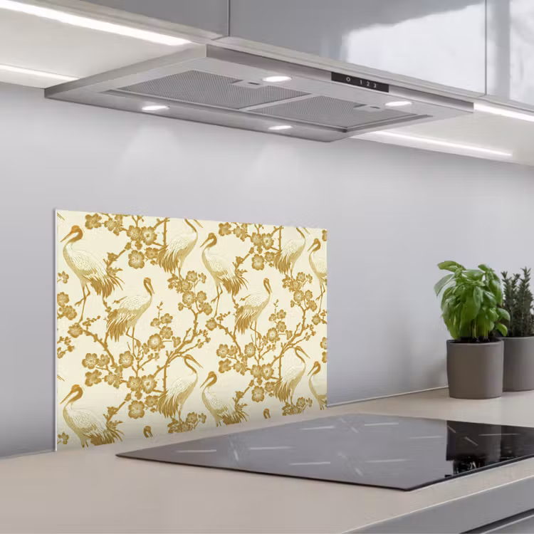 Kraanvogels - Kersenbloesem - Goud keuken achterwand spatscherm klein 900 -3d_schuin