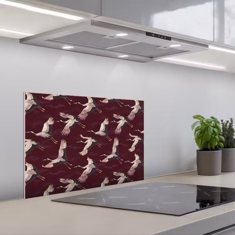Kraanvogels - Klassiek - Bordeaux keuken achterwand spatscherm klein 900 -3d_schuin