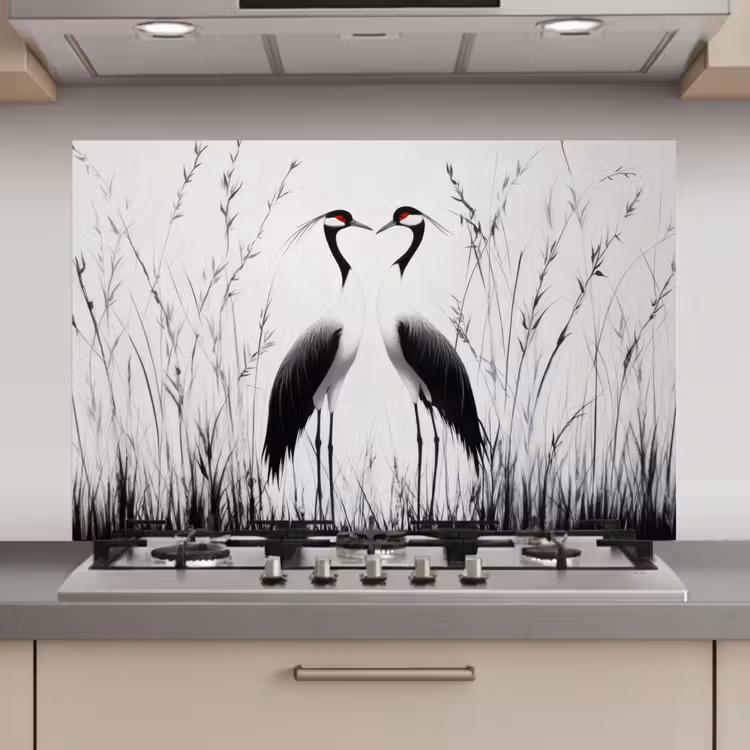 Kraanvogels - Gras - Hartvorm - Zwart keuken achterwand spatscherm klein -3d_website