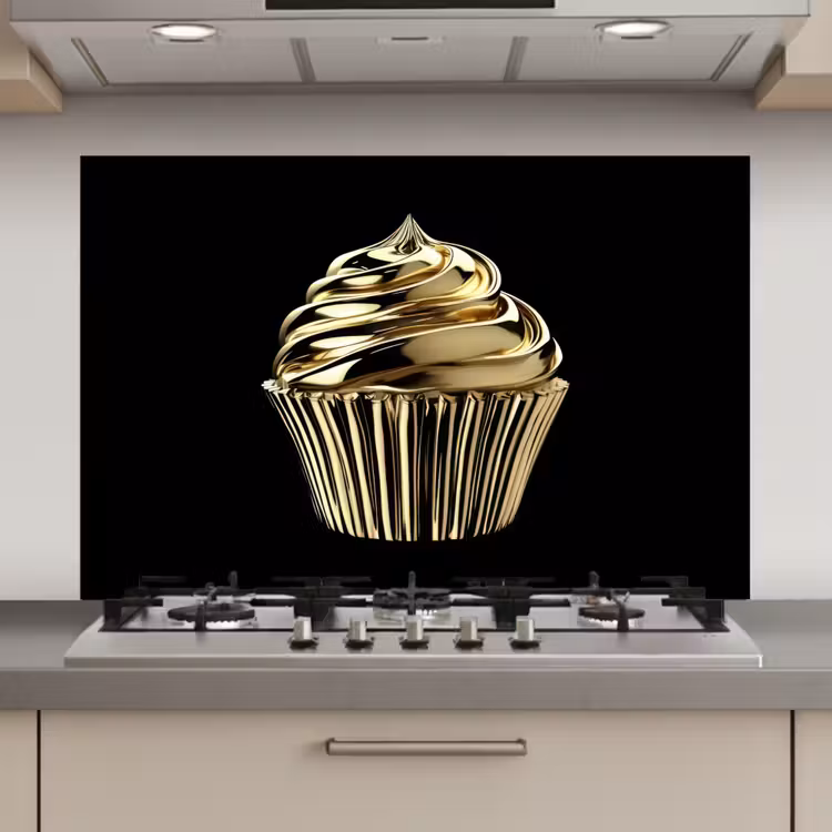 Cupcake - Eten - Goud - Zwart keuken achterwand spatscherm klein -3d_website