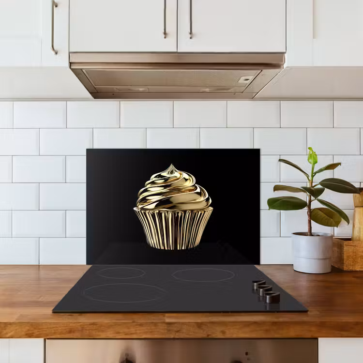 Cupcake - Eten - Goud - Zwart keuken achterwand spatscherm klein -sfeer2