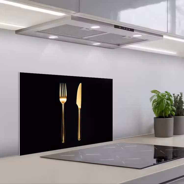 Bestek - Goud - Mes - Vork keuken achterwand spatscherm klein -3d_schuin