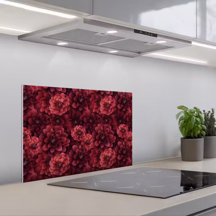 Dahlias - Bloemen - Rood keuken achterwand spatscherm klein 900 -3d_schuin