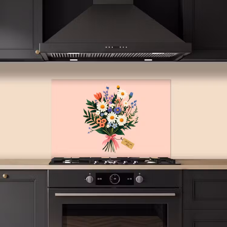 Margrieten - Boeket - Strikje - Roze keuken achterwand spatscherm klein -sfeer1