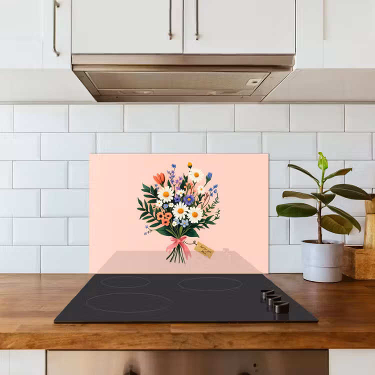 Margrieten - Boeket - Strikje - Roze keuken achterwand spatscherm klein -sfeer2