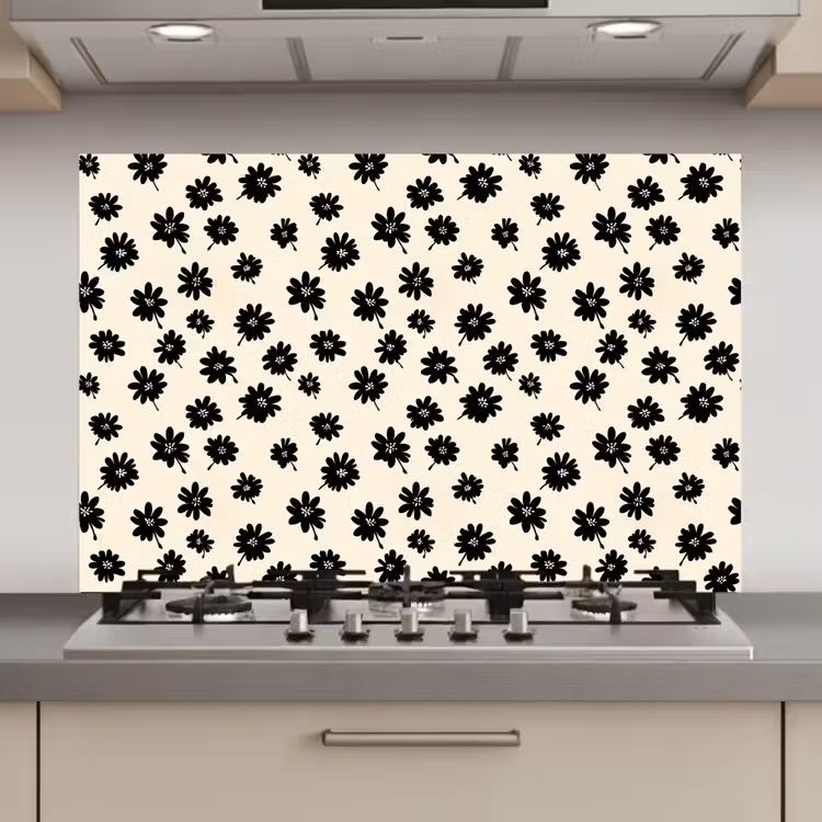 Madeliefjes - Grafisch - Zwart - Beige keuken achterwand spatscherm klein 900 -3d_website