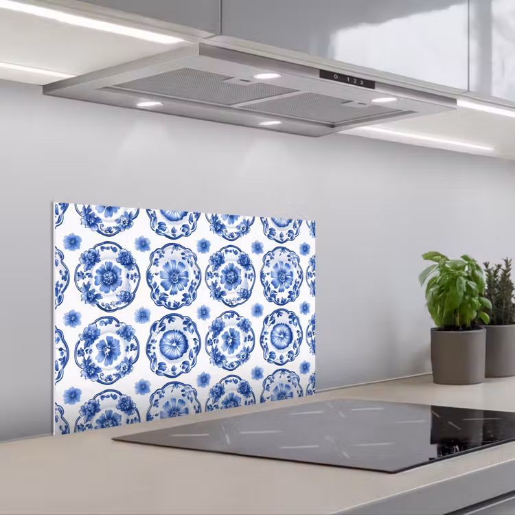 Sierborden - Bloemen - Blauw keuken achterwand spatscherm klein 900 -3d_schuin