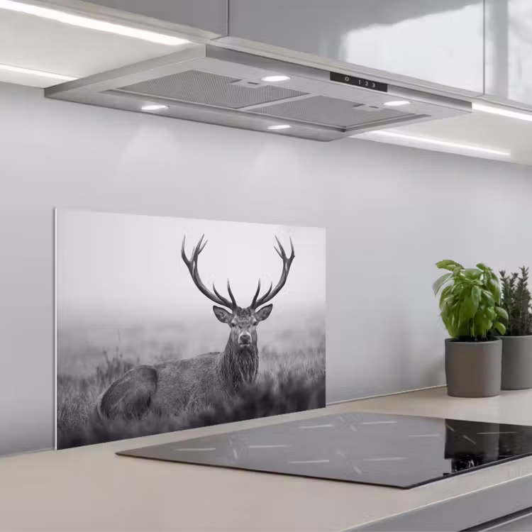 Hert - Mistig - Zwart - Wit keuken achterwand spatscherm klein -3d_schuin