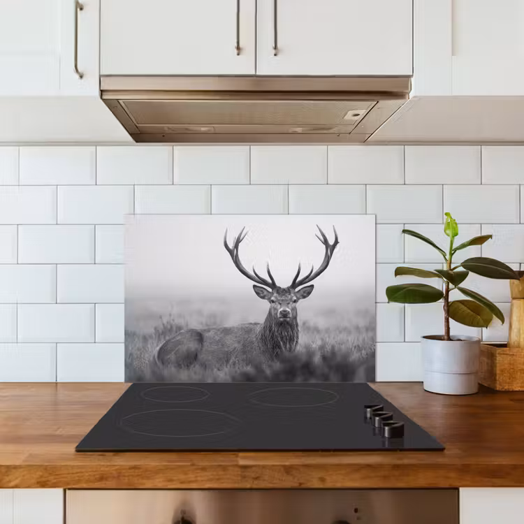 Hert - Mistig - Zwart - Wit keuken achterwand spatscherm klein -sfeer2