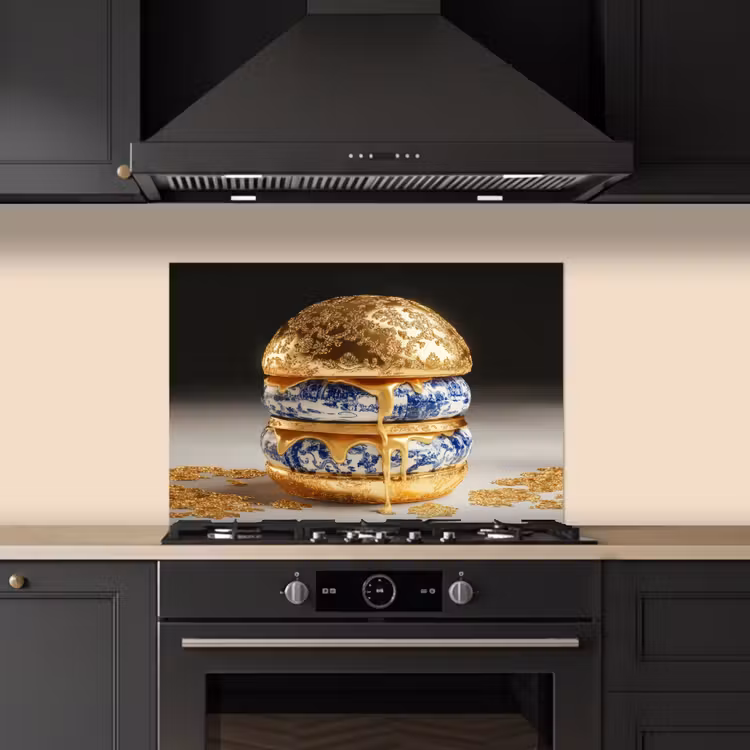 Delftsblauw - Goud - Burger keuken achterwand spatscherm klein -sfeer1