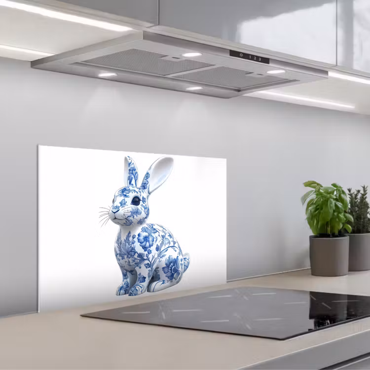 Delftsblauw - Haasje - Wit keuken achterwand spatscherm klein -3d_schuin