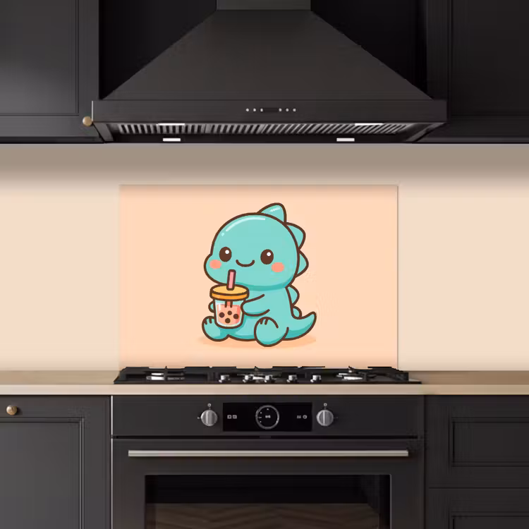 Dino - Boba - kawaii - Oranje keuken achterwand spatscherm klein -sfeer1