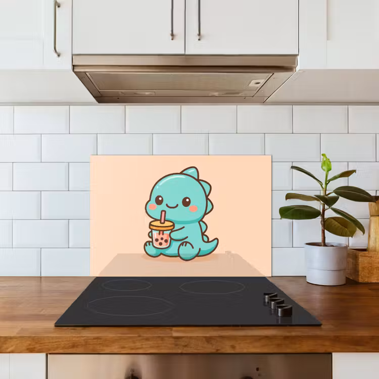 Dino - Boba - kawaii - Oranje keuken achterwand spatscherm klein -sfeer2