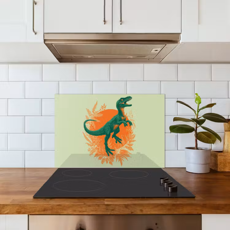 Dinosaurus - Groen - Planten - Cirkel keuken achterwand spatscherm klein -sfeer2