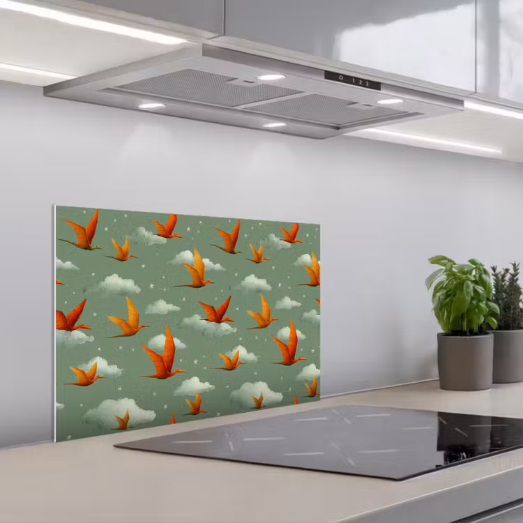 Dinosaurussen - Wolken - Sterren - Oranje keuken achterwand spatscherm klein -3d_schuin