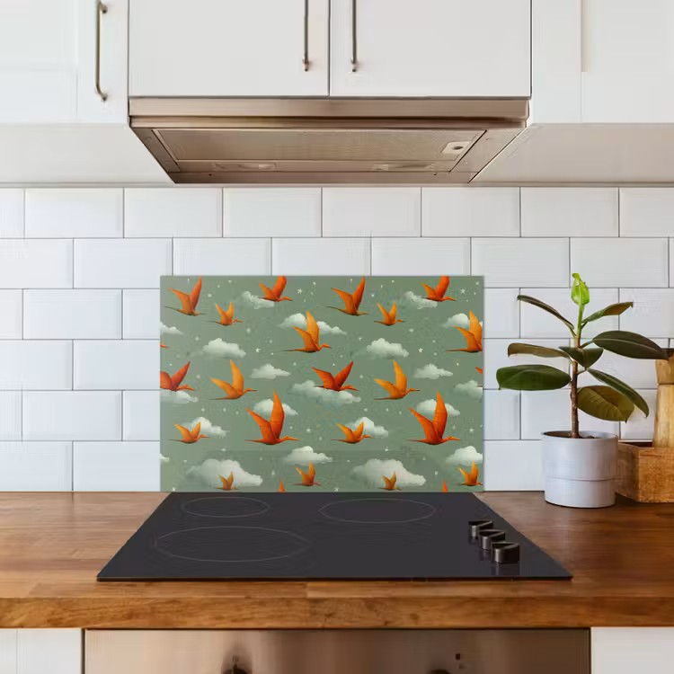 Dinosaurussen - Wolken - Sterren - Oranje keuken achterwand spatscherm klein -sfeer2