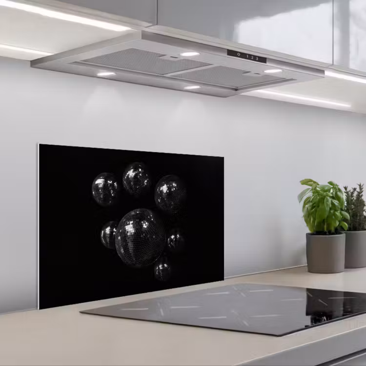 Discoballen - Minimalistisch - Zwart keuken achterwand spatscherm klein -3d_schuin