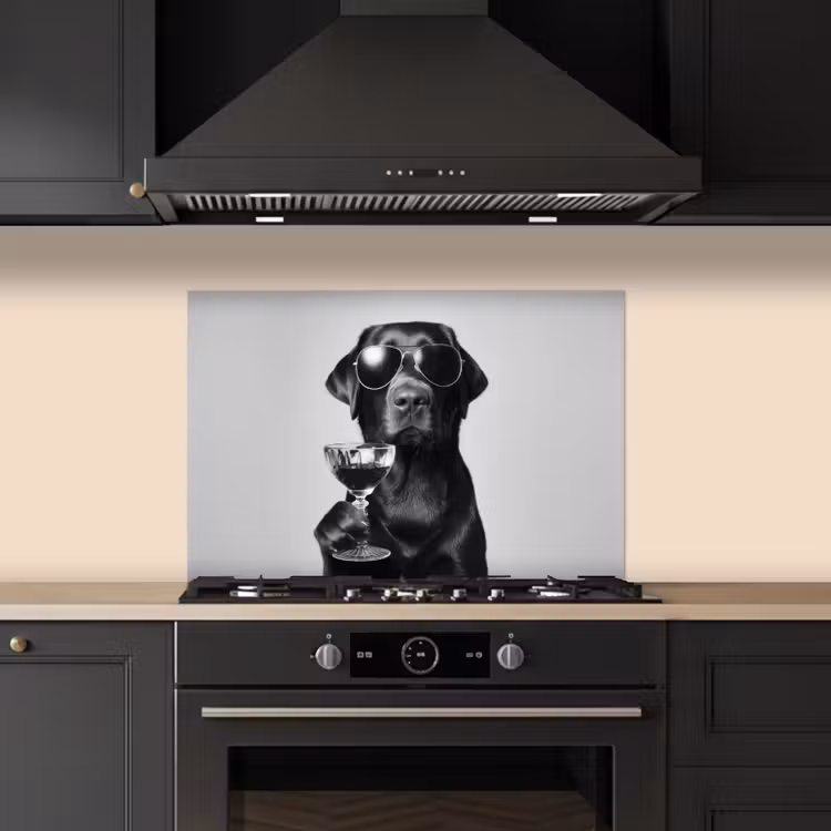 Hond - Zwart - Wijnglas - Zonnebril keuken achterwand spatscherm klein -sfeer1