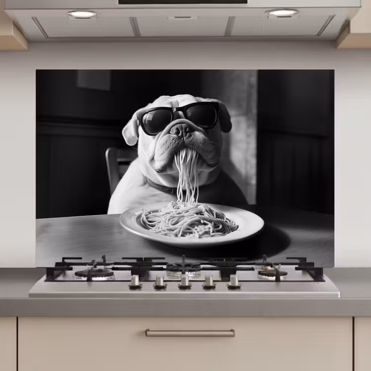Hond - Bulldog - Pasta - Bril - Stoer - Dieren keuken achterwand spatscherm klein -3d_website