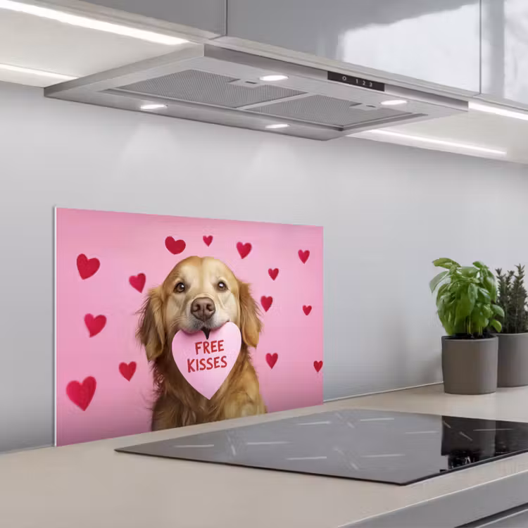 Hond - Kiss- Valentijn - Hartjes keuken achterwand spatscherm klein -3d_schuin