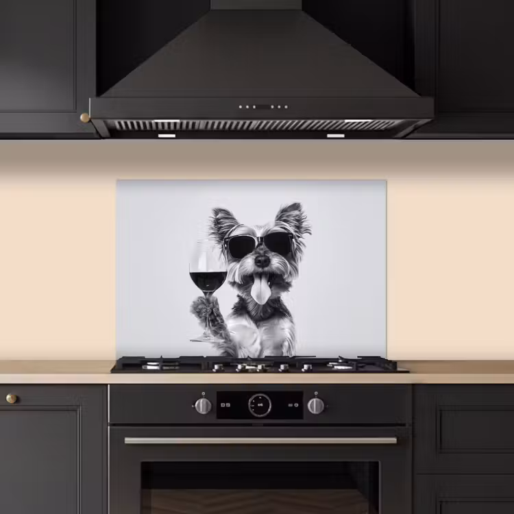 Hondje - Wijnglas - Zonnebril - Enthousiast keuken achterwand spatscherm klein -sfeer1