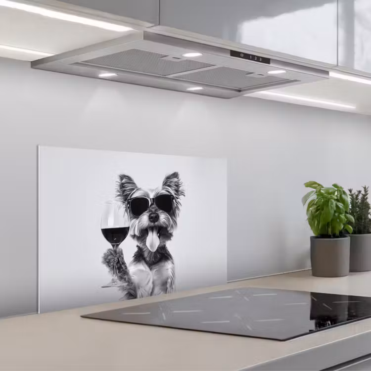 Hondje - Wijnglas - Zonnebril - Enthousiast keuken achterwand spatscherm klein -3d_schuin