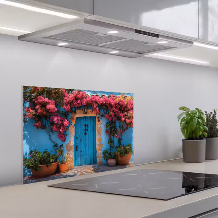 Deur - Hout - Bloemen - Blauw keuken achterwand spatscherm klein -3d_schuin