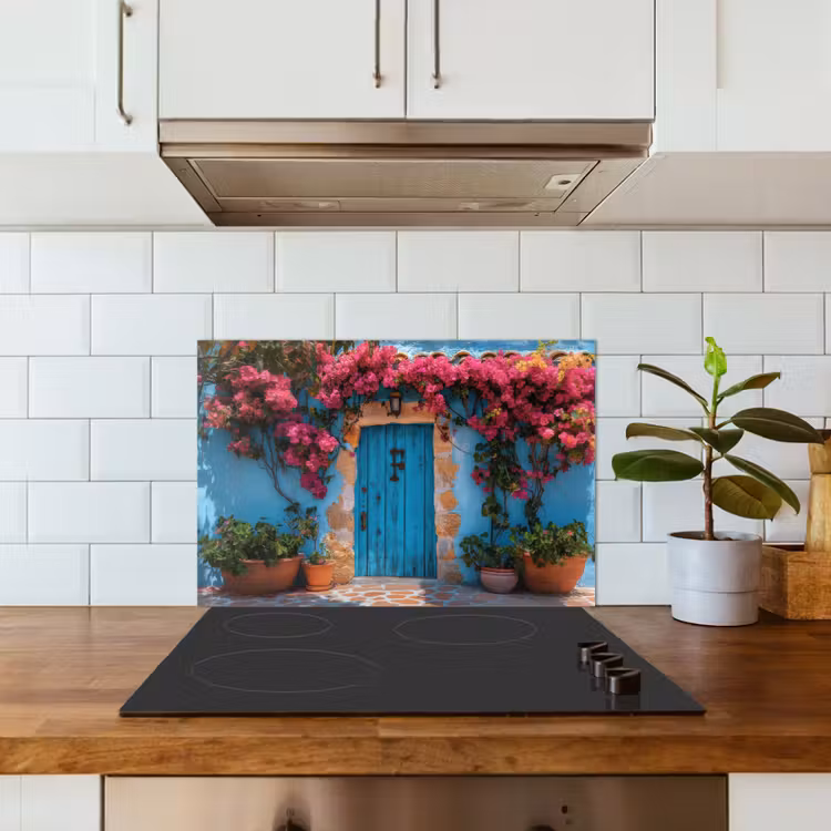 Deur - Hout - Bloemen - Blauw keuken achterwand spatscherm klein -sfeer2