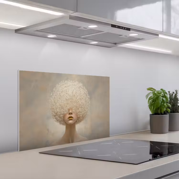 Dromerig - Beige - Paardenbloemzaadjes keuken achterwand spatscherm klein -3d_schuin