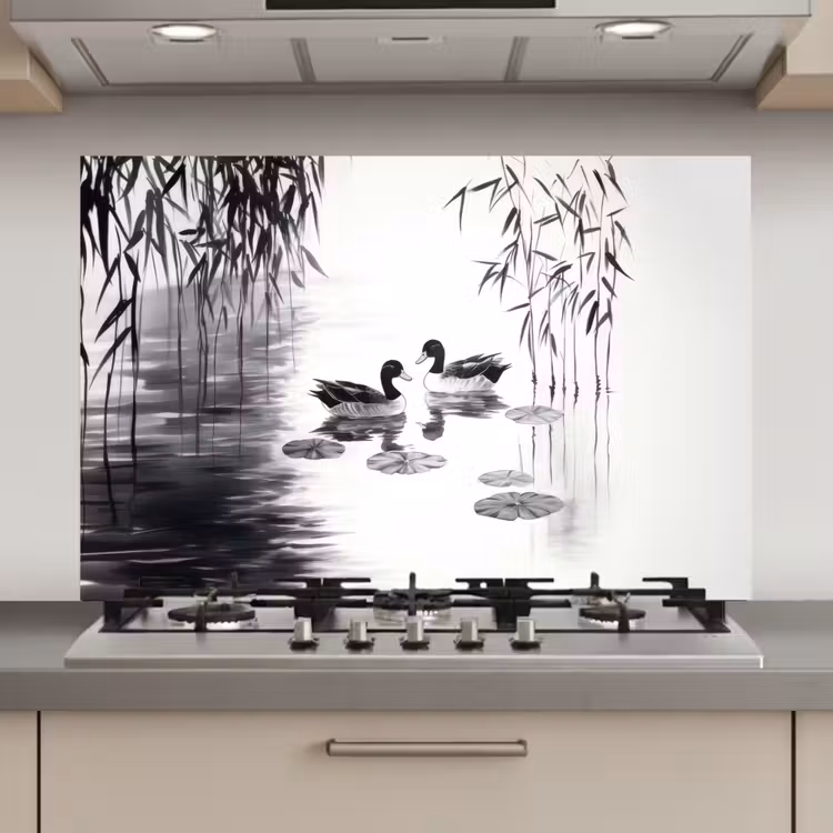 Eenden - Waterlelies - Riet - Zwart keuken achterwand spatscherm klein -3d_website