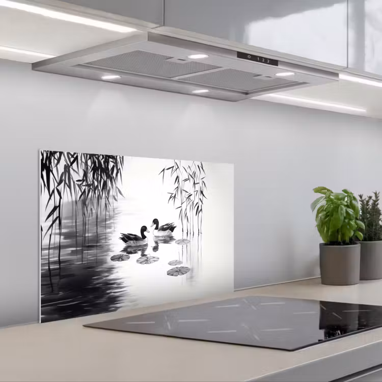 Eenden - Waterlelies - Riet - Zwart keuken achterwand spatscherm klein -3d_schuin