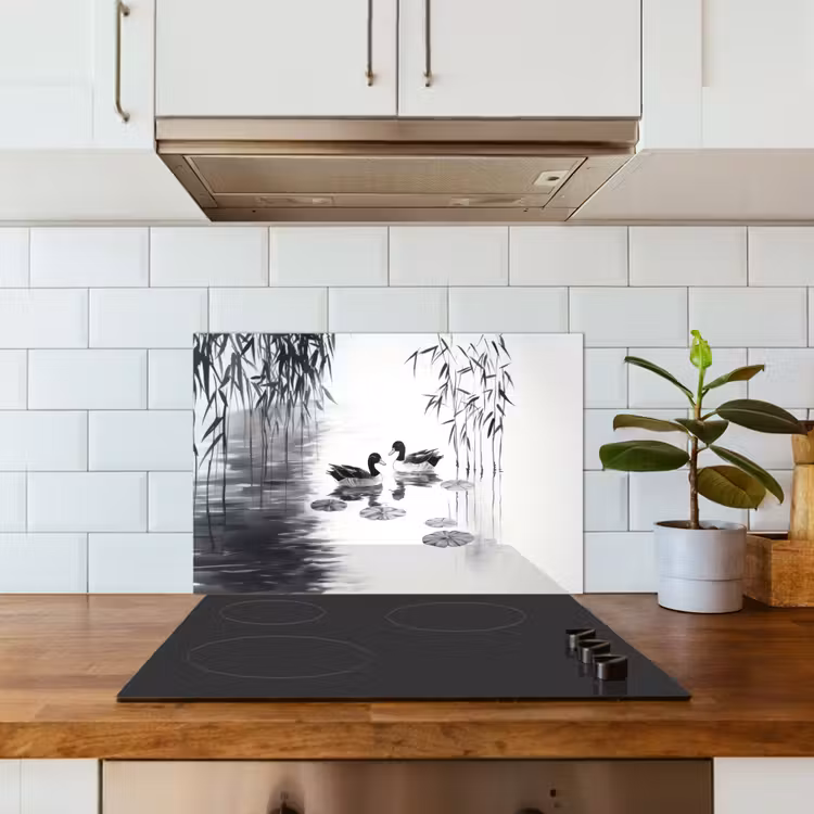 Eenden - Waterlelies - Riet - Zwart keuken achterwand spatscherm klein -sfeer2
