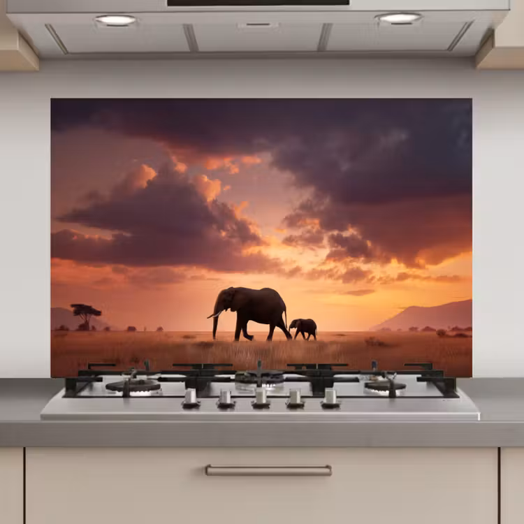 Olifanten - Grasland - Zonsondergang keuken achterwand spatscherm klein -3d_website