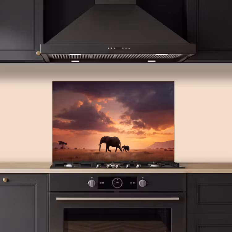 Olifanten - Grasland - Zonsondergang keuken achterwand spatscherm klein -sfeer1
