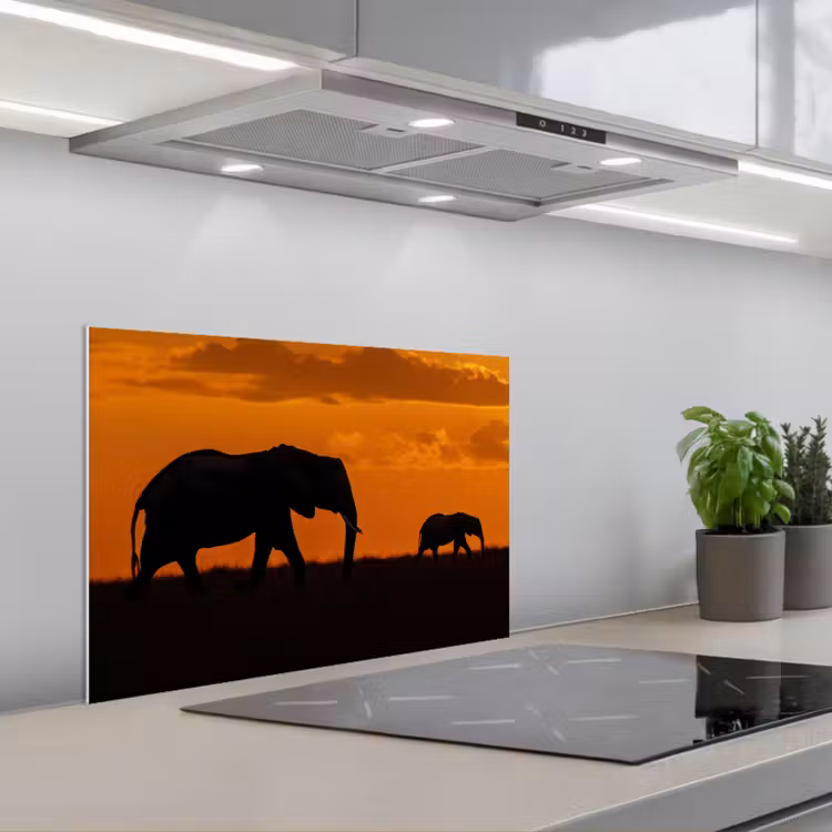 Olifanten - Savanne - Zonsondergang keuken achterwand spatscherm klein -3d_schuin