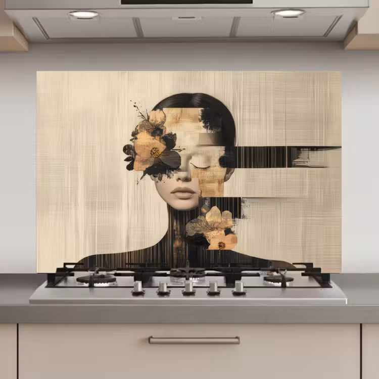 Gezicht - Bloemen - Zwart - Vrouw keuken achterwand spatscherm klein -3d_website