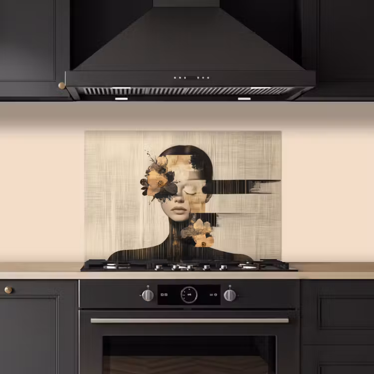 Gezicht - Bloemen - Zwart - Vrouw keuken achterwand spatscherm klein -sfeer1