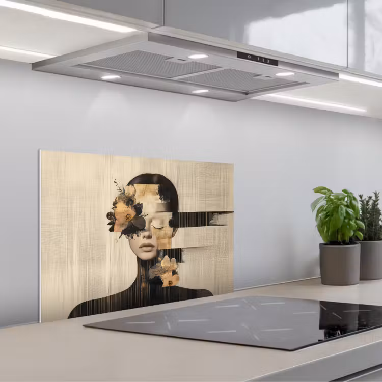 Gezicht - Bloemen - Zwart - Vrouw keuken achterwand spatscherm klein -3d_schuin