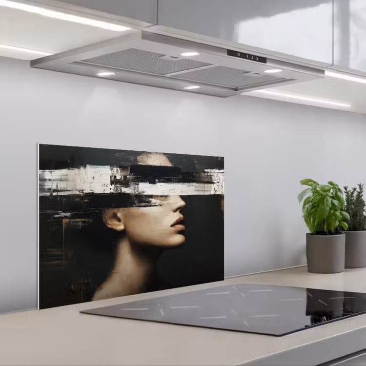 Gezicht - Vrouw - Zwart - Abstract keuken achterwand spatscherm klein -3d_schuin