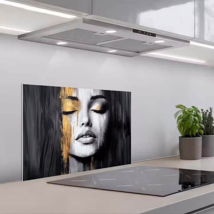 Gezicht - Vrouw - Penseelstreken - Abstract keuken achterwand spatscherm klein -3d_schuin