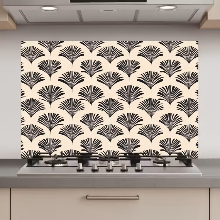 Waaiers - Botanisch - Zwart - Beige keuken achterwand spatscherm klein 900 -3d_website