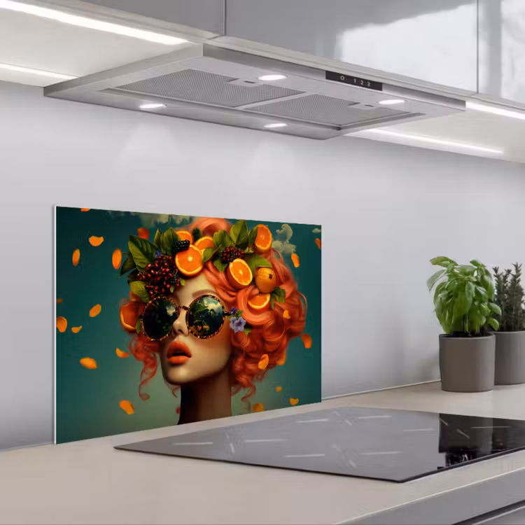 Vrouw - Sinaasappel - Bessen - Oranje keuken achterwand spatscherm klein -3d_schuin