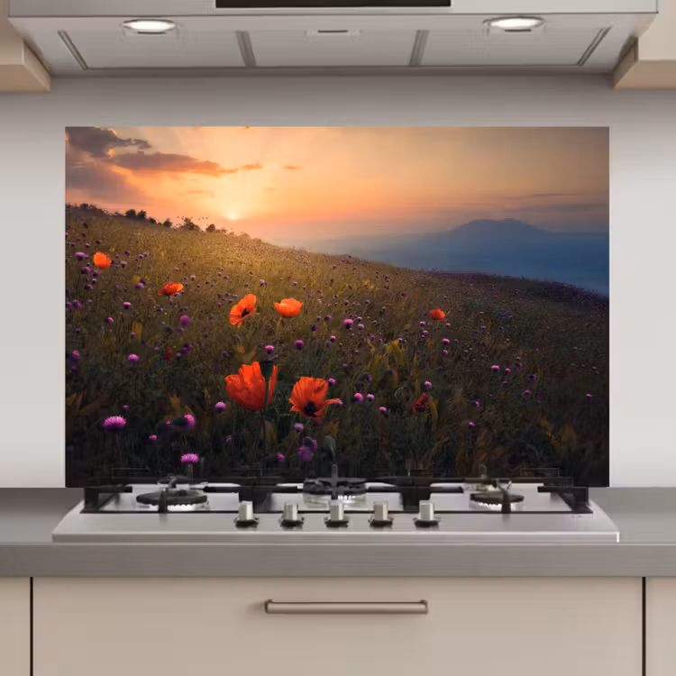Bloemenveld - Gras - Bloemen - Planten - Zonsondergang - Oranje keuken achterwand spatscherm klein -3d_website