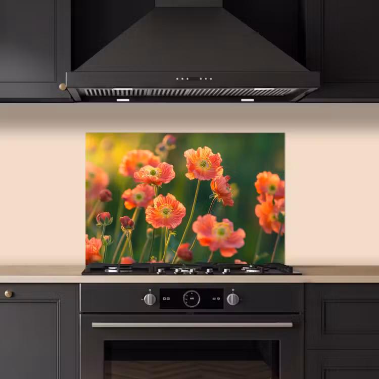 Bloemenveld - Zonnestralen - Oranje keuken achterwand spatscherm klein -sfeer1