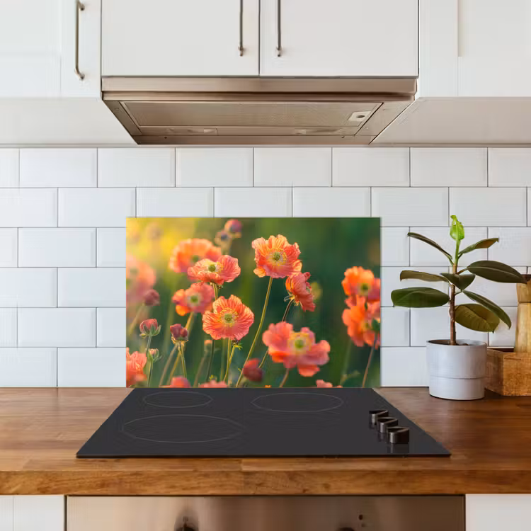 Bloemenveld - Zonnestralen - Oranje keuken achterwand spatscherm klein -sfeer2
