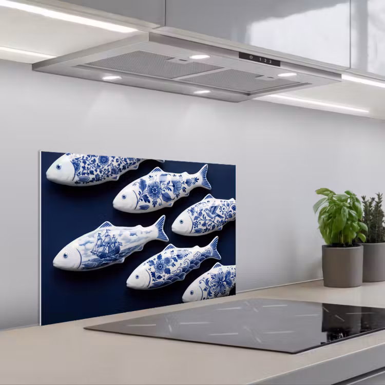 Vissen - Delfts - Blauw - Keramiek keuken achterwand spatscherm klein -3d_schuin