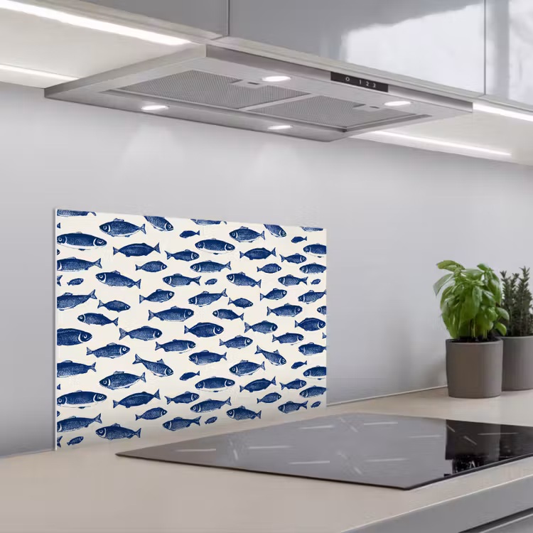 Vissen - Patroon - Blauw - Wit keuken achterwand spatscherm klein 900 -3d_schuin